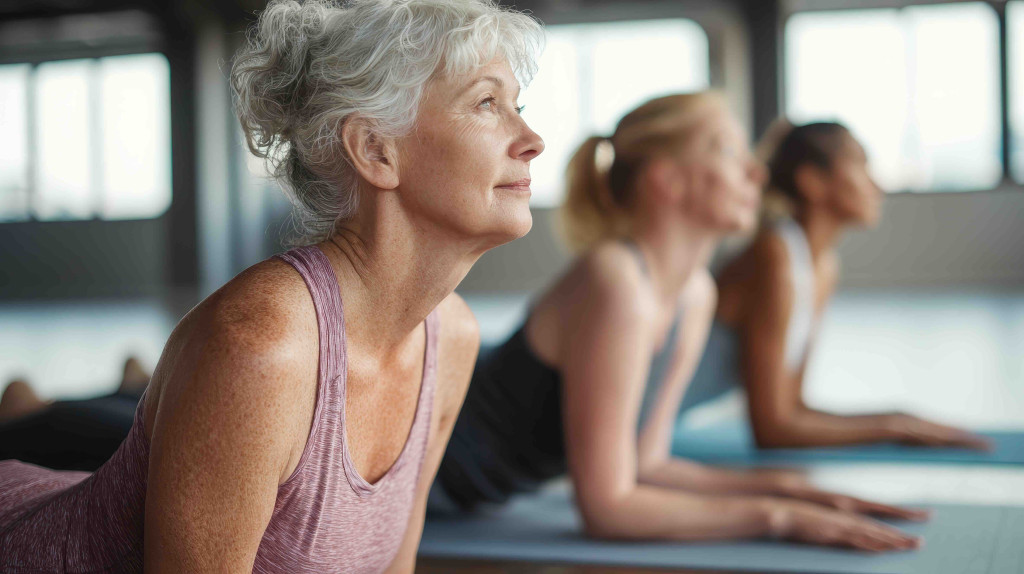 Women Fitness 50. Three mature women practicing yoga in a group class perform an exercise in the dog pose face up: woman, female, yoga, mature, adult, asana, fitness, group, person, people
