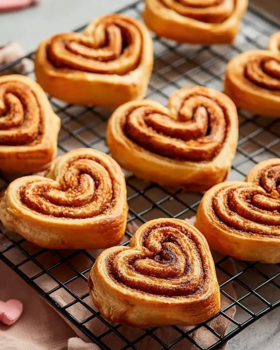 Hartvormige cinnamon rolls op een bakrooster.