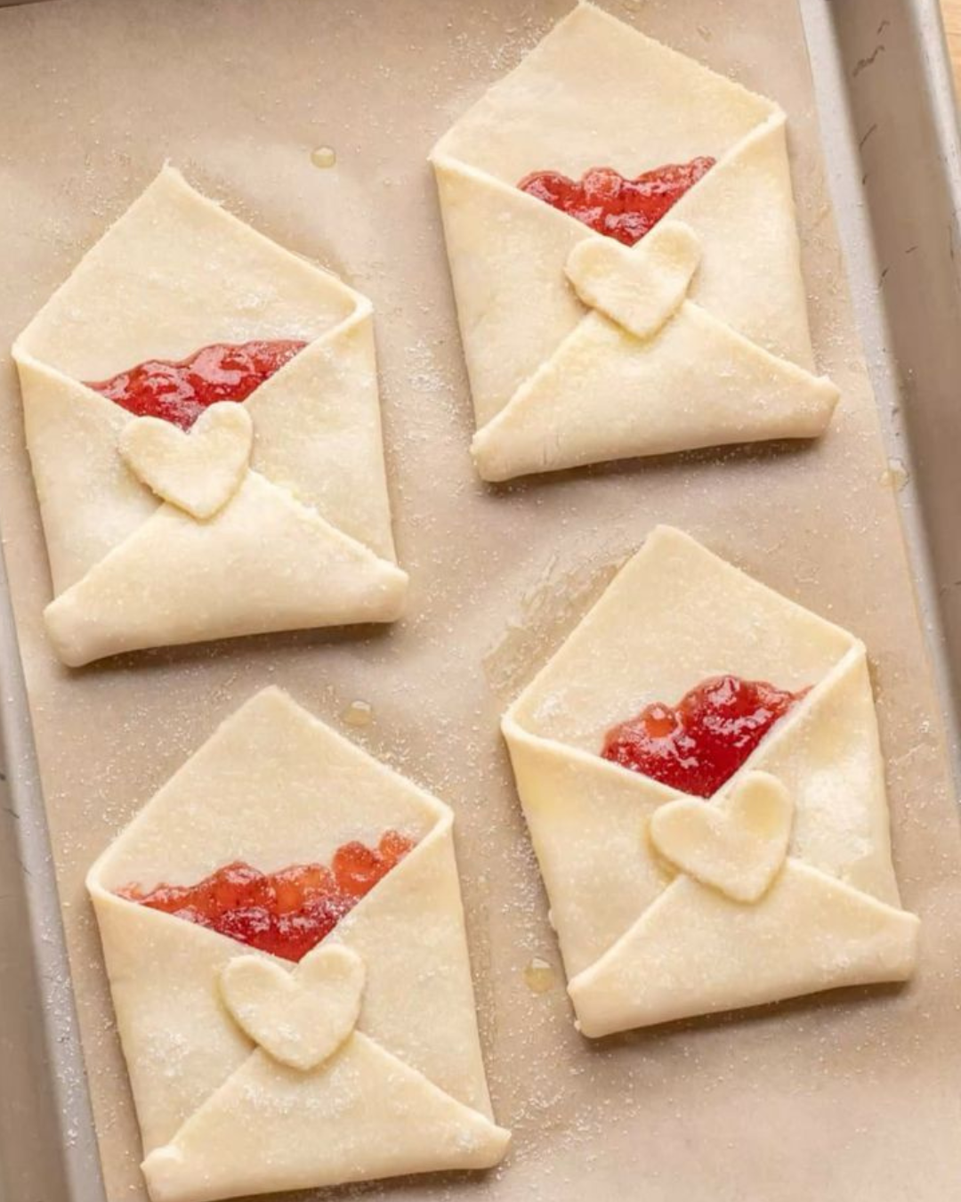 Bladerdeeggebakjes in de vorm van envelopjes met confituur op bakpapier.